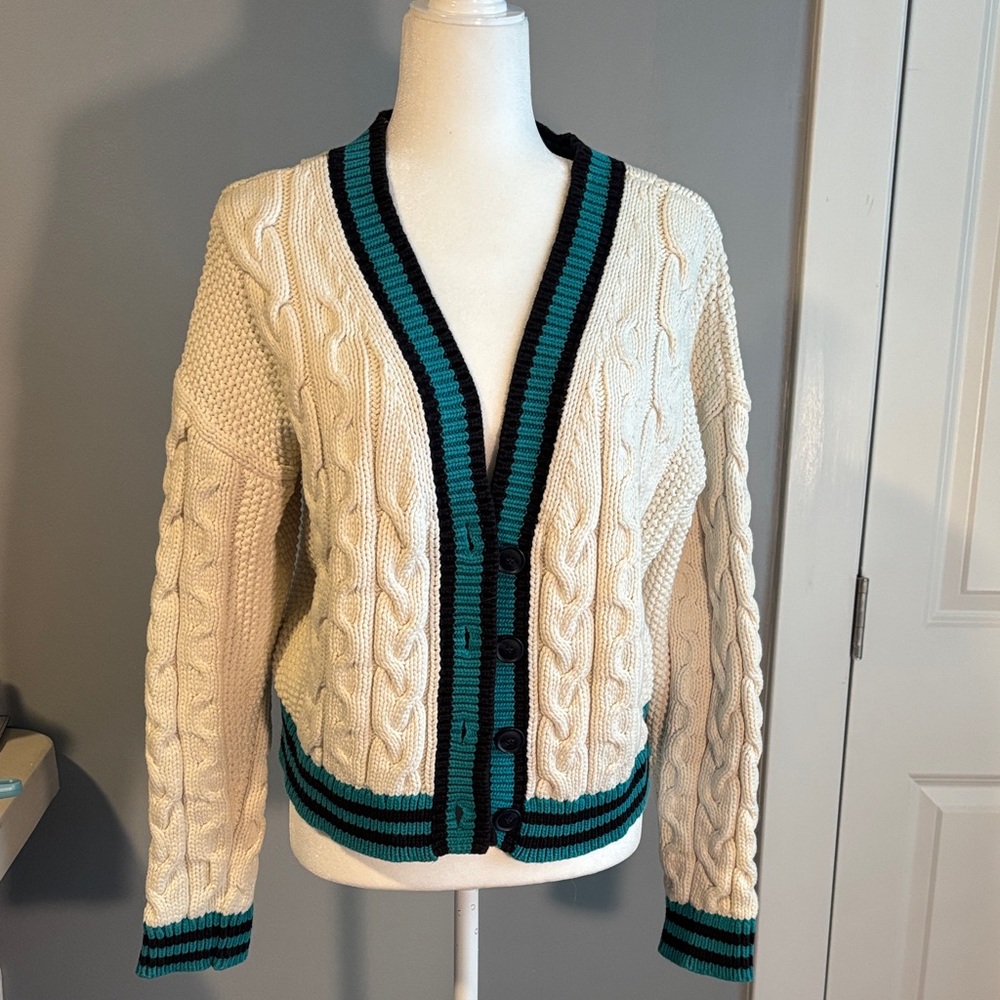 Anthropologie Cream and Black Cable Knit Cardigan with Teal Accents
